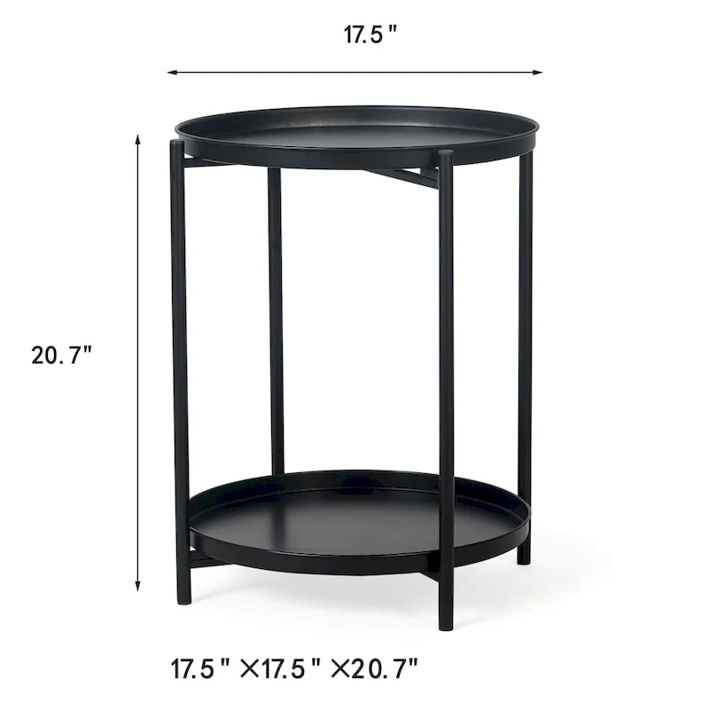 Adeco Side Table 2-Tier Metal Round End Table with Removable Tray - 17.5(D)x 17.5(W)x 20.7(H)