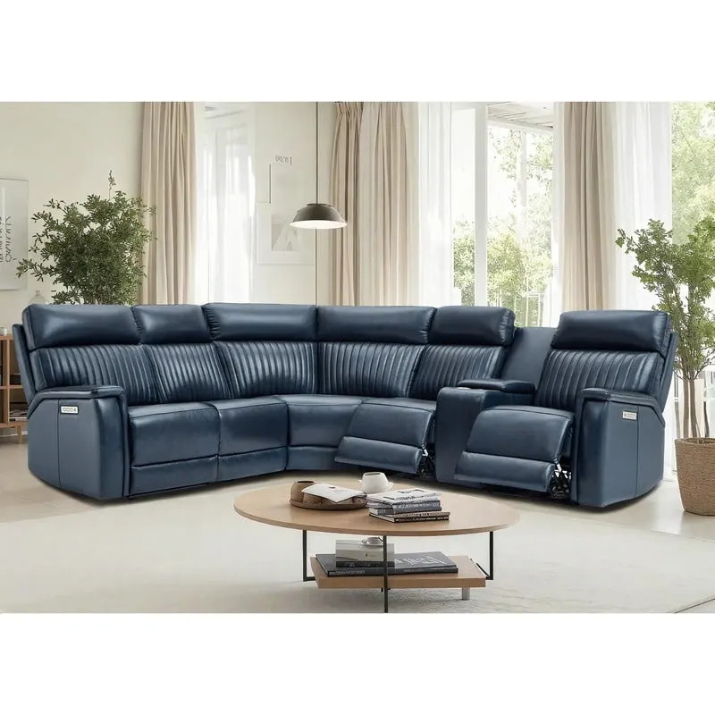 Genuine Leather Power Recliner Sectional Sofa with Console, Ajustable Headrest, USB&USB-C Port, 1 Power Armlesschair