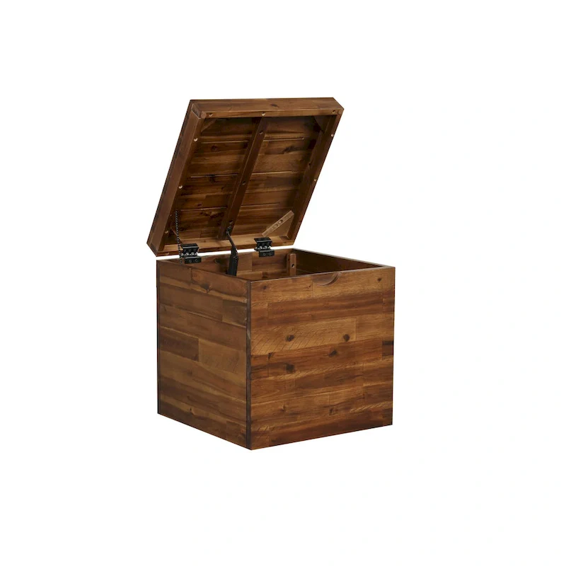 Storage Cube Trunk - Dark Brown, Solid Acacia Wood, Hinged Lid, 17.75W x 19H, Multi-Use
