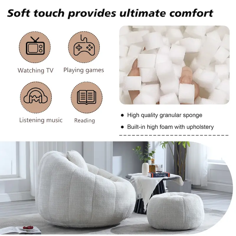 HOMEFUN Chenille Upholstered Round Lazy Cozy Bean Bag Chair with Ottoman and a Pillow
