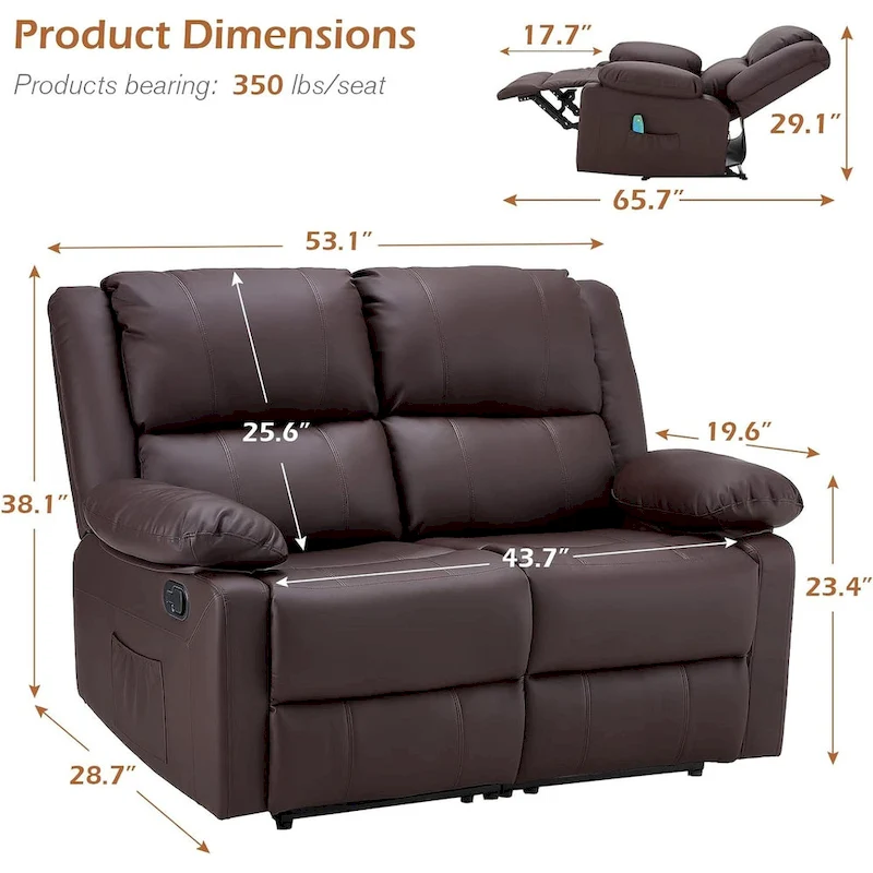 AECOJOY 2-Seater Recliner Loveseat with Heat and Massage Function