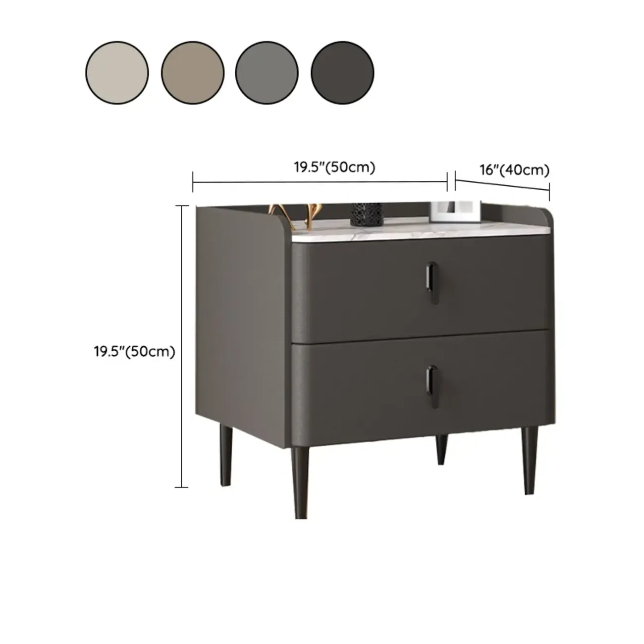 Modern Stone Top Leather Drawers Nightstand with Golden Legs