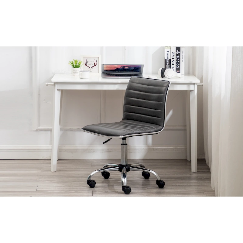 Swivel Mid Back Armless Ribbed Designer Task Chair Faux Leather Soft Upholstery Office Chair Gray