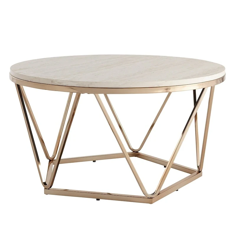 SEI Furniture Henderson Modern Faux Marble Round Coffee Table with Gold Geometric Base