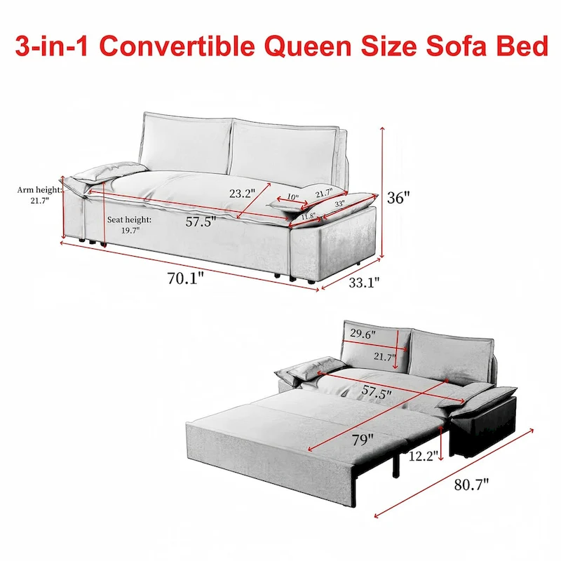 70.1 3-in-1 Convertible Queen Pull Out Sofa Bed with 2 Soft Pillows