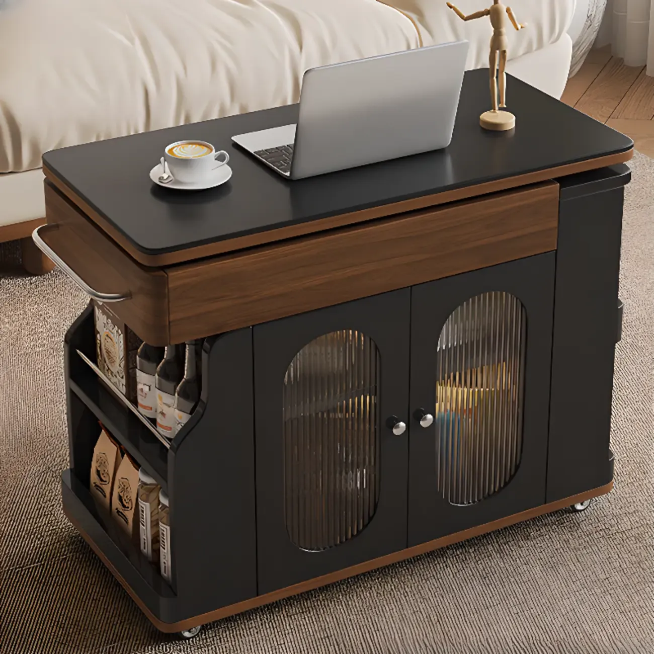 Multi-levelled Fold Away Chairside Table with Roller Wheels