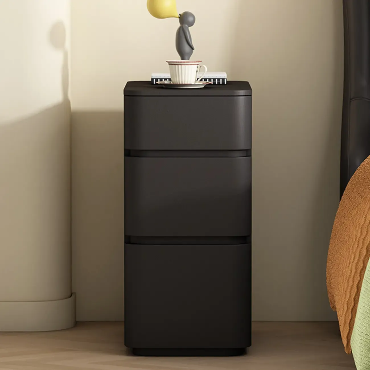 Narrow Leather Wood 3-Drawer Black Nightstand