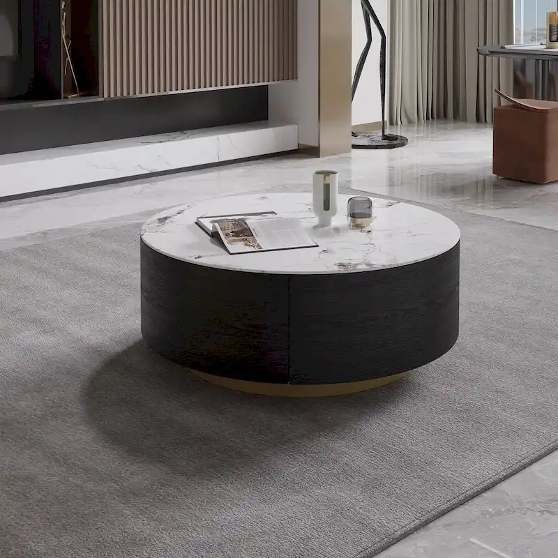 Modern Round Coffee Table with 2 Drawers, Sintered Stone Tabletop and Golden Base