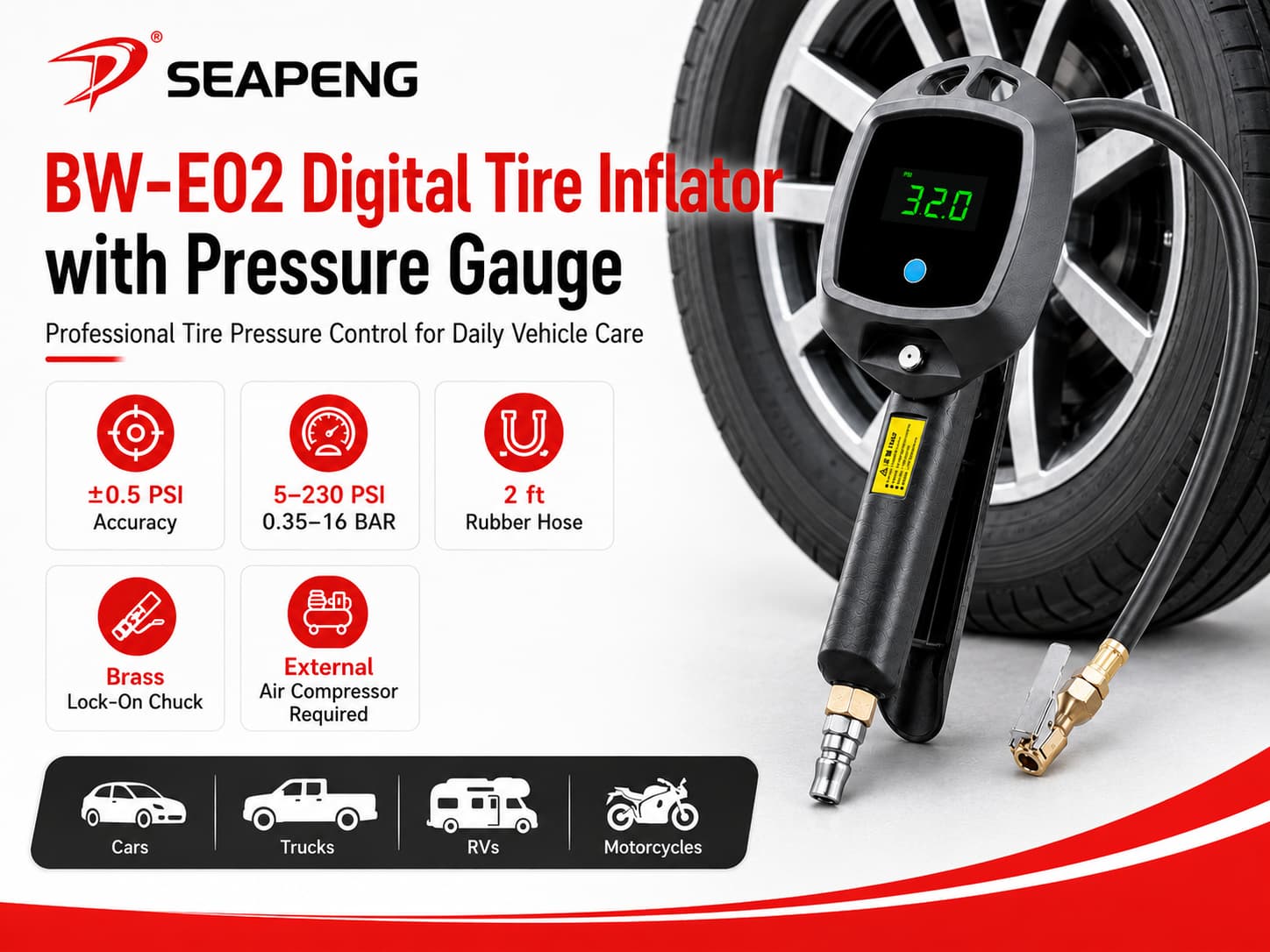 SEAPENG BW-E02 tire inflator gauge for cars trucks and RVs