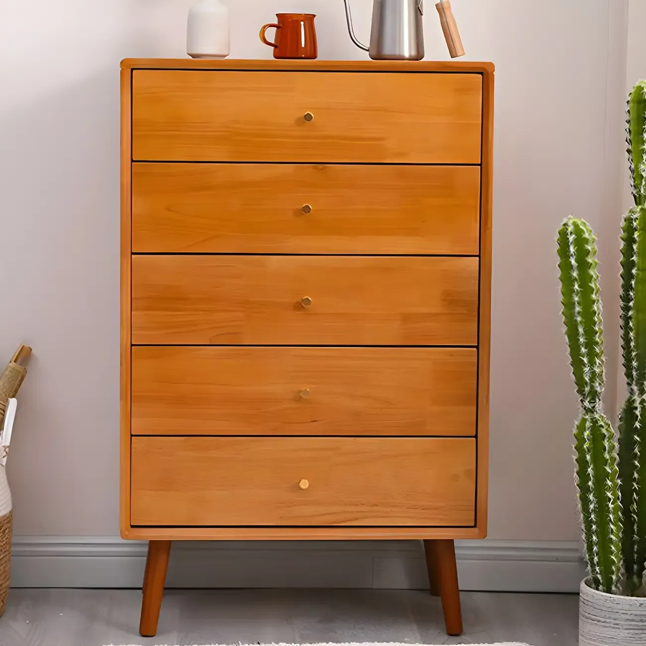 Retro Natural Wood Combo Dresser with Cabinets and Shelves