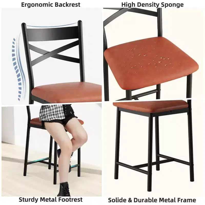 Set of 2 Counter Height Bar Stools with Back, Upholstered Faux Leather Bar Chairs with Thick Cushion and Footrest