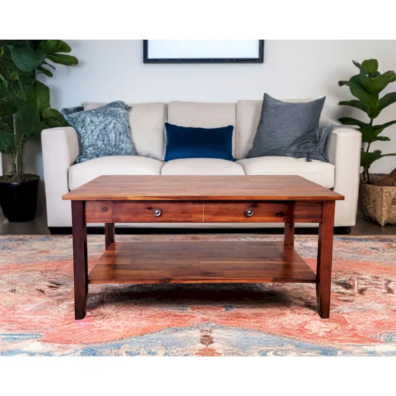Solid Acacia Coffee Table with Drawer & Bottom Shelf