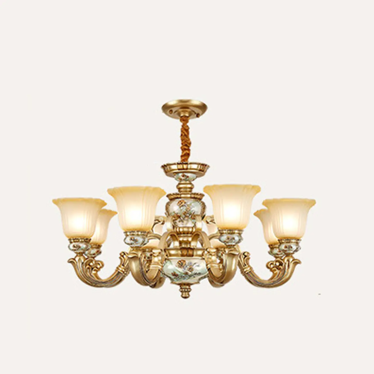 Antique Gold Ceramic Chandelier with Frosted Glass Bell Shape