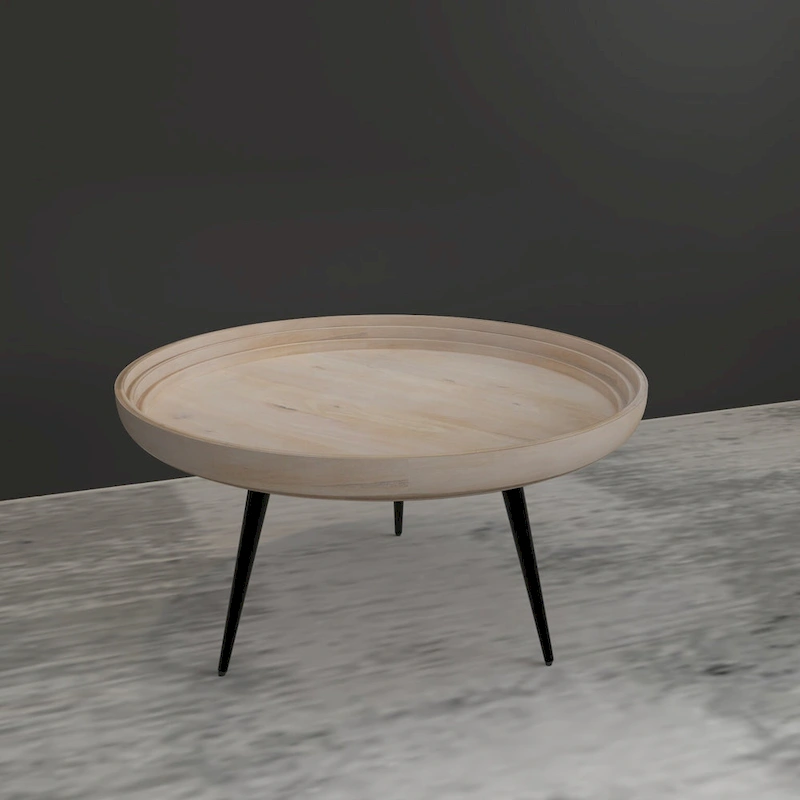 Urban Chic Coffee Table 30 Inch Round Tray Top, Handcrafted Washed White Mango Wood