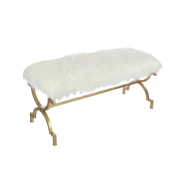 Gold Metal Bench - White Faux Fur Seat - 42