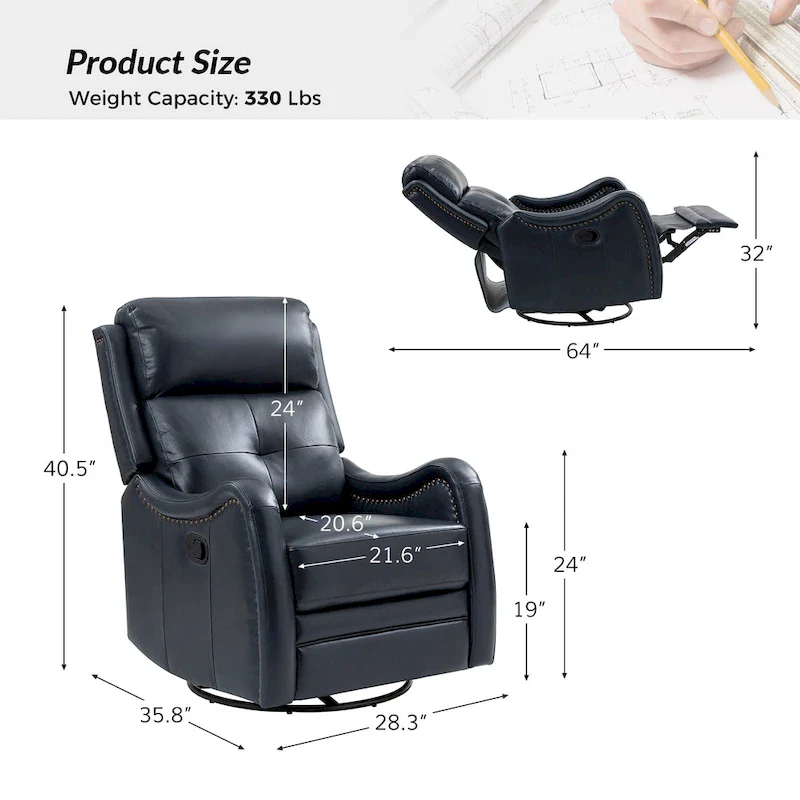 Genuine Leather Swivel Rocker Recliner with Nailhead Trims by