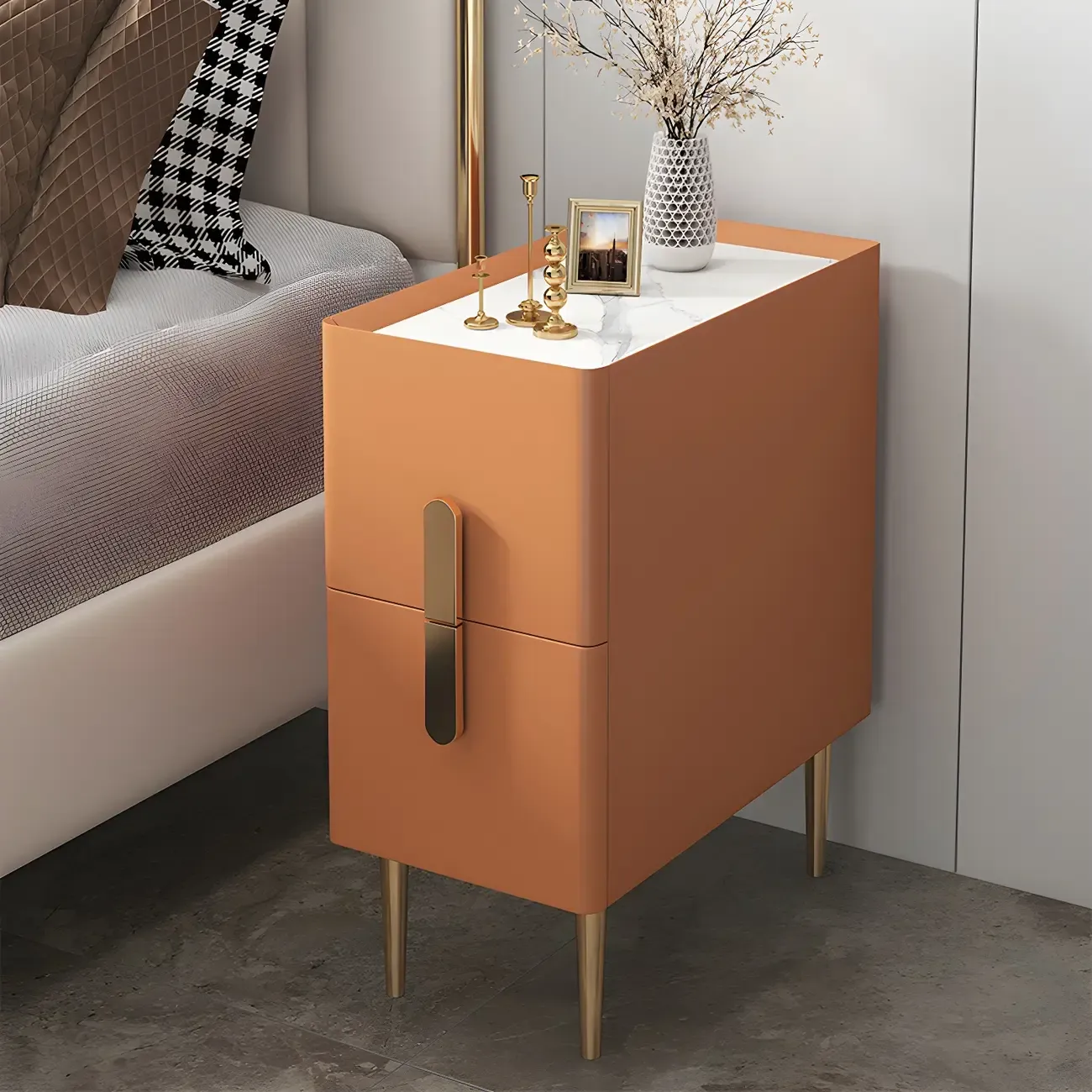Modern Stone Countertop Faux Leather Nightstand with 2 Drawers