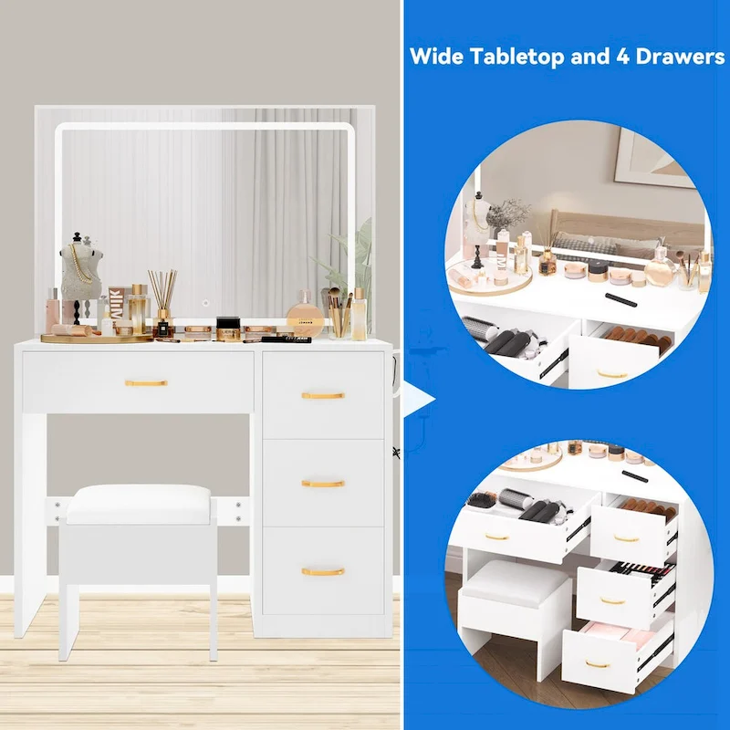 Moasis Vanity Set with Led Lights Makeup Desk Dressing Dresser Desk Table with 4 Drawer - 35.43 L x 15.74 W x 53.54 H