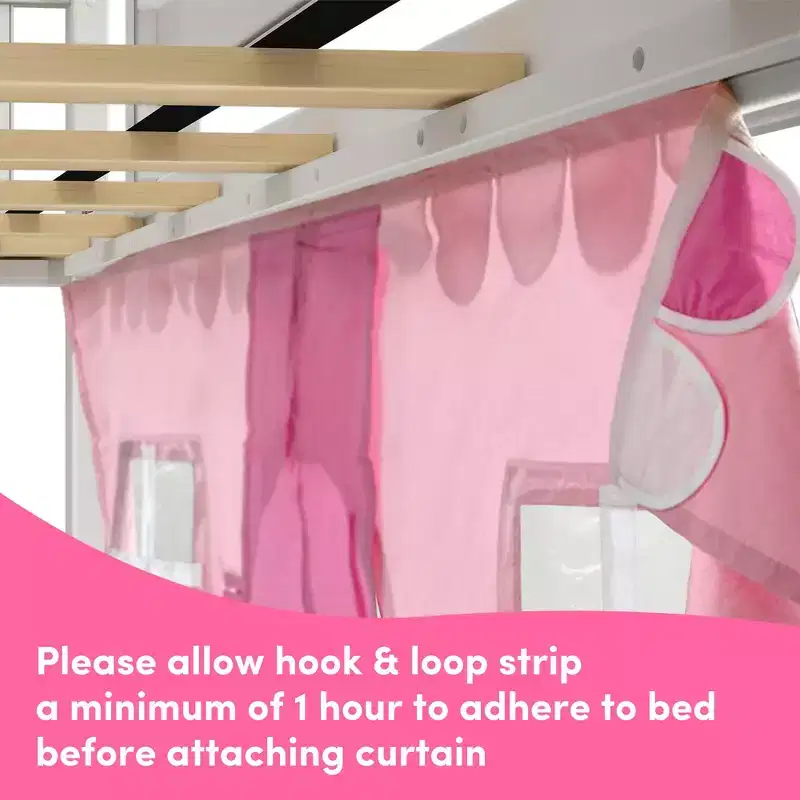 Twin Over Twin Low Bunk With Easy Slide & Light Pink & White Farmhouse Curtain