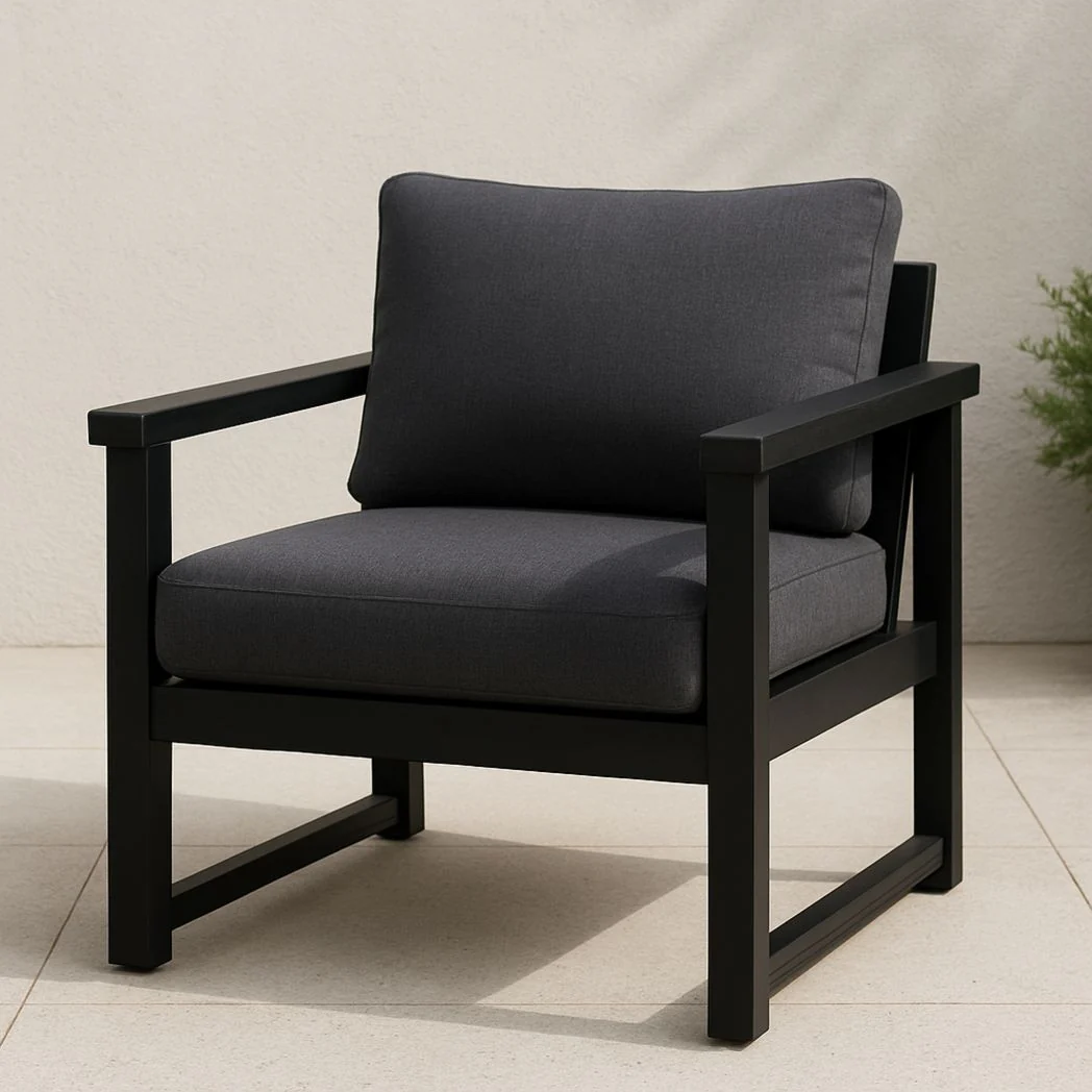 Fauteuil de jardin en aluminium noir avec coussins en polyester gris