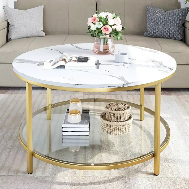Industrial 2-Tier Round Coffee Table with Shelf