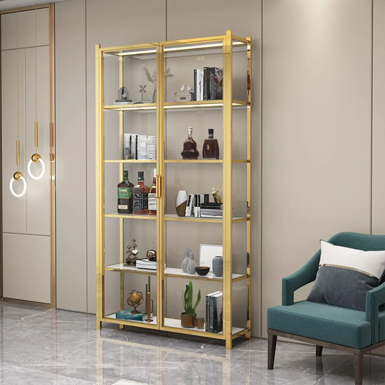 Freestanding Gold Glass Display Cabinet with LED Lights