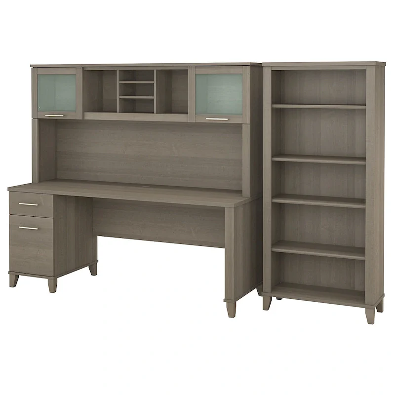 Somerset 72W Office Desk with Hutch and 5 Shelf Bookcase in Ash Gray