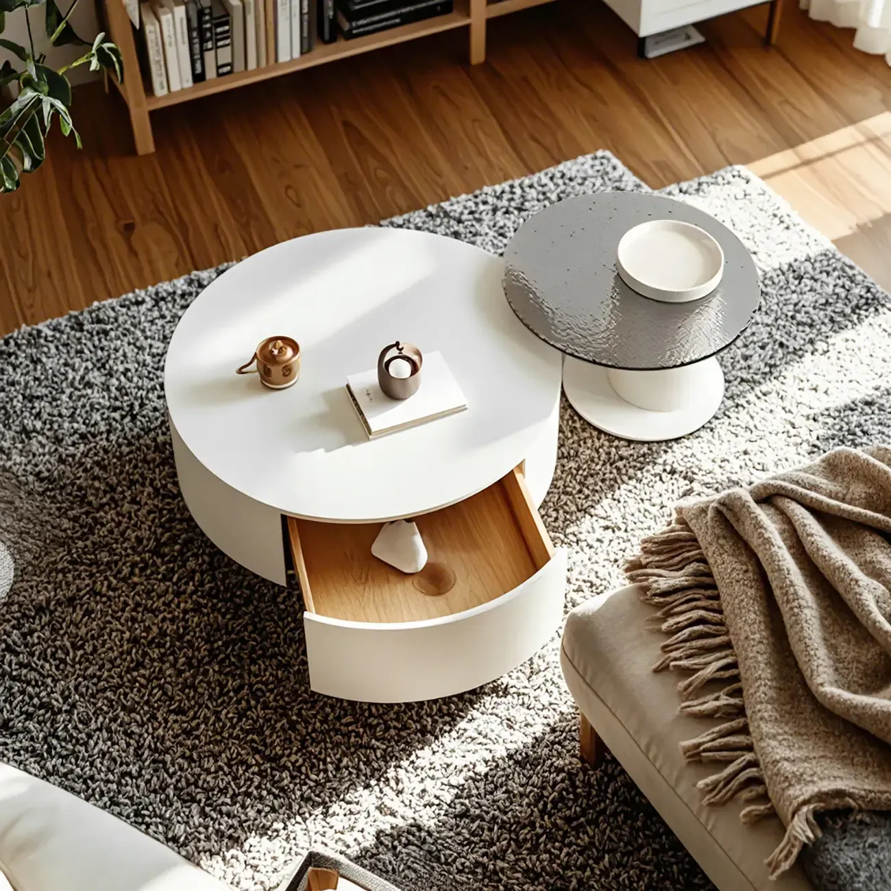 White Modern Round Sleek Drawer Coffee Table