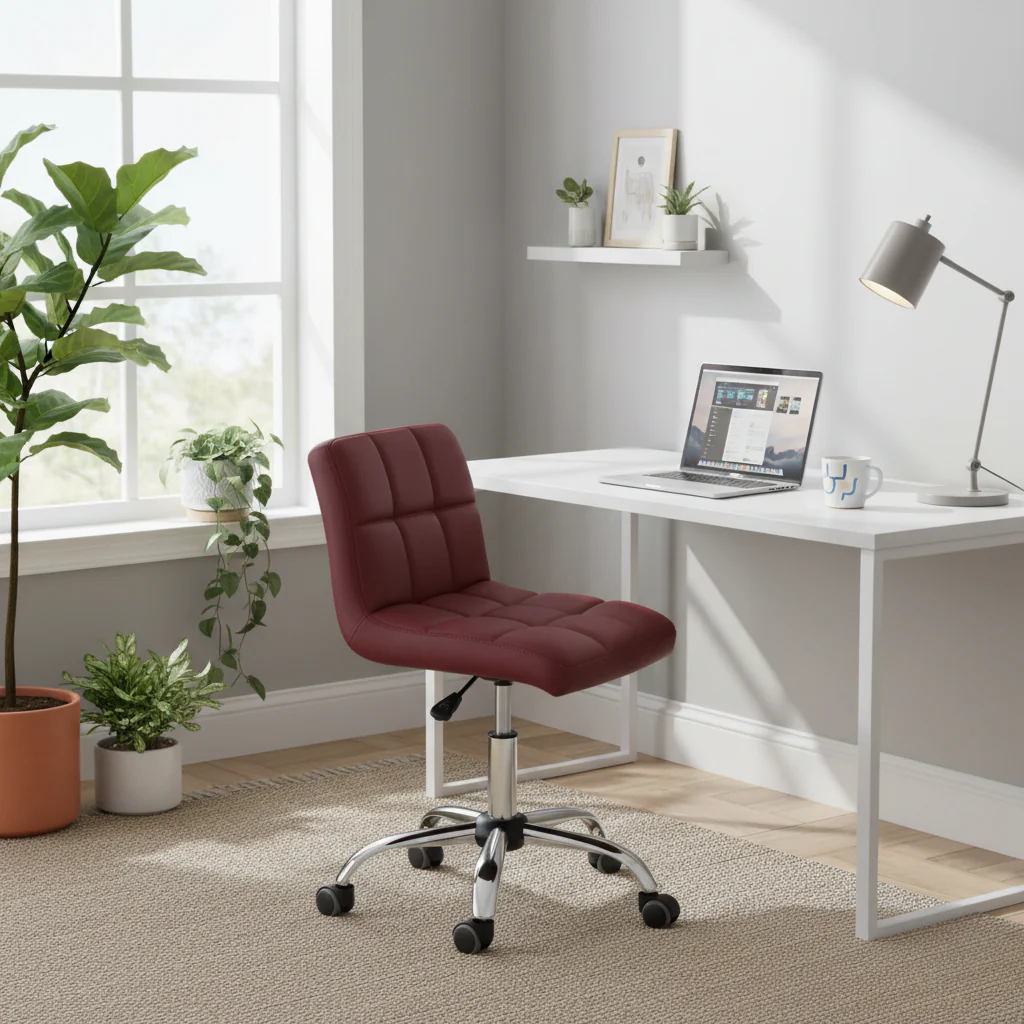 Home Office Button-Tufted Desk Chair, Armless Thick Cushion, Adjustable Height 19-25, Modern Red