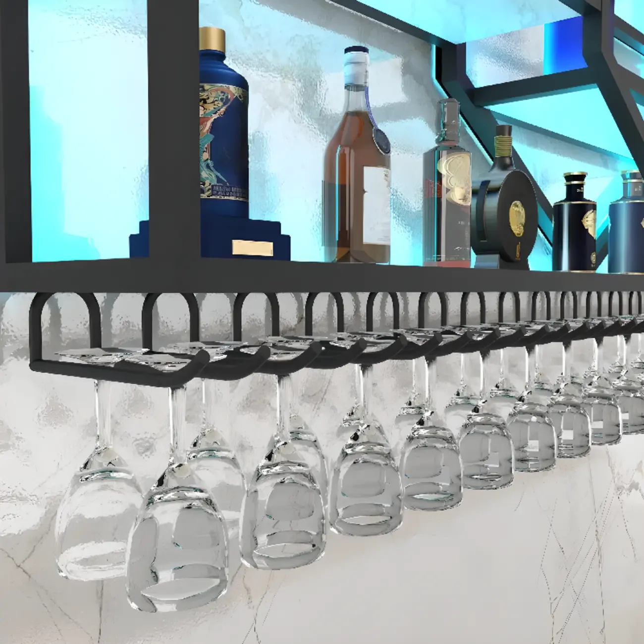 Geometric Metal Black Floating Wine Rack with Light