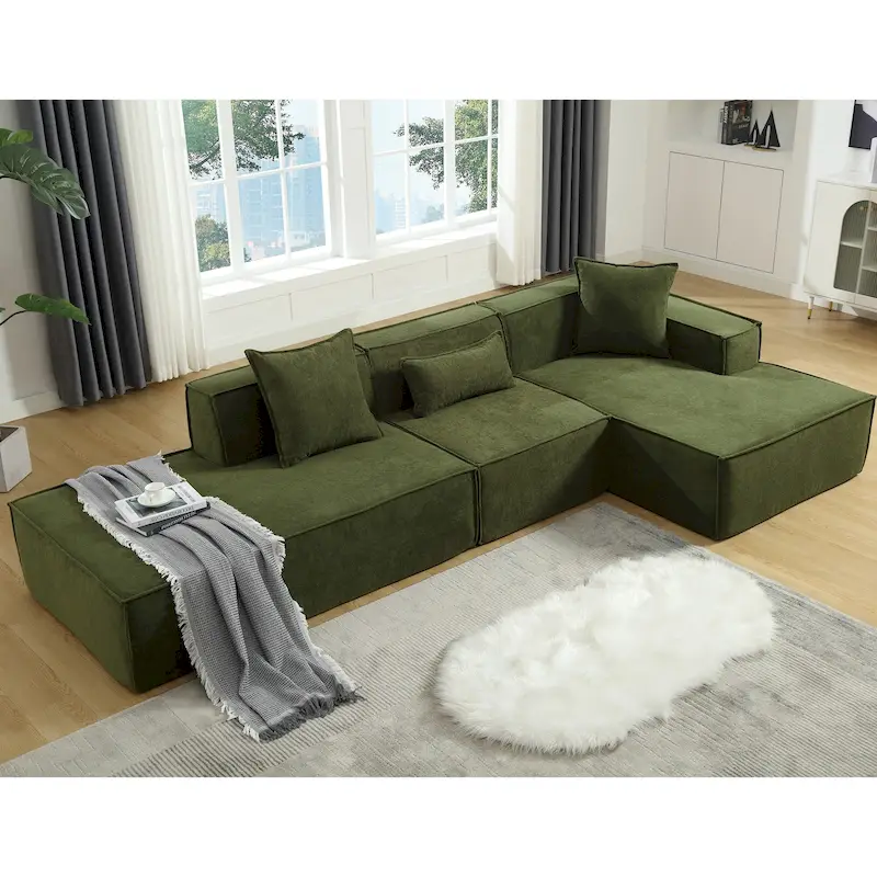 Green 129.5 Minimalist Modular L-Shaped 4 Seater Sectional Sofa Set with Chaise, Versatile Free-Combination Design