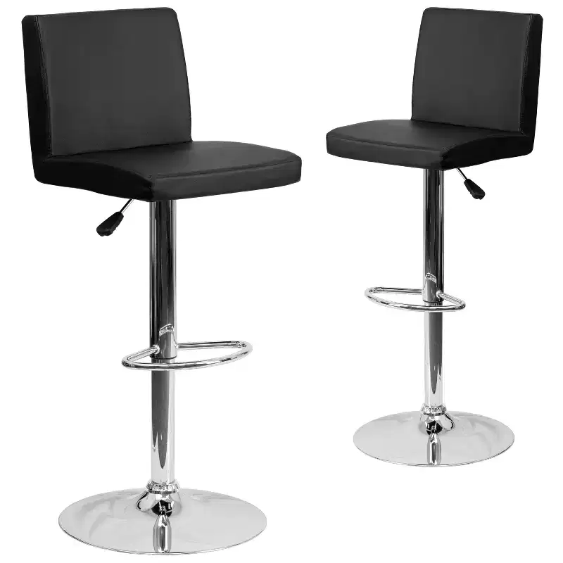 Adjustable Height Barstool with Panel Back & Chrome Base, Black Vinyl, Set of 2