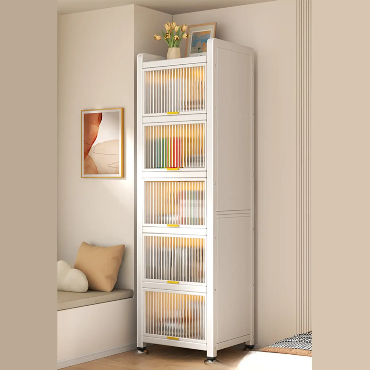 Flip-up Cover Modern Closed Back Metal 5-Shelf Bookcase