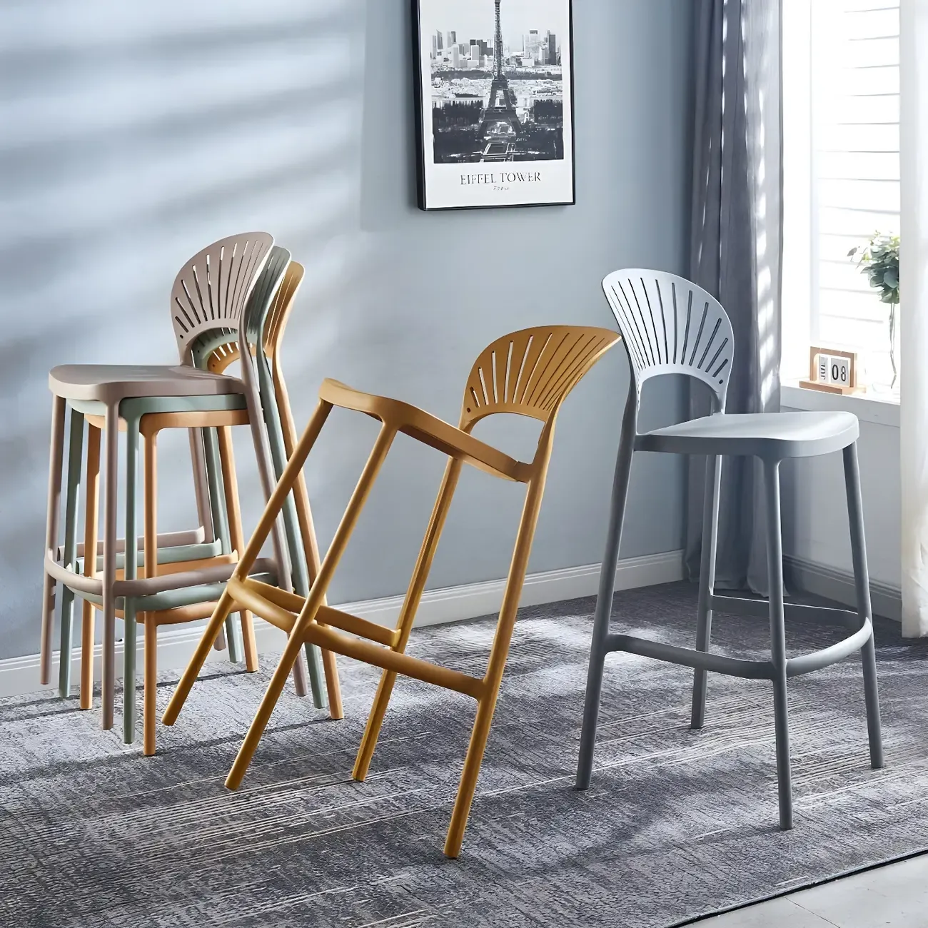 Modern Saddle Plastic Stackable Low Back Bar Height Stools