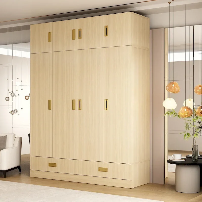 Wardrobe Closet Cabinet with Gold Handles and Optional Top Cabinet