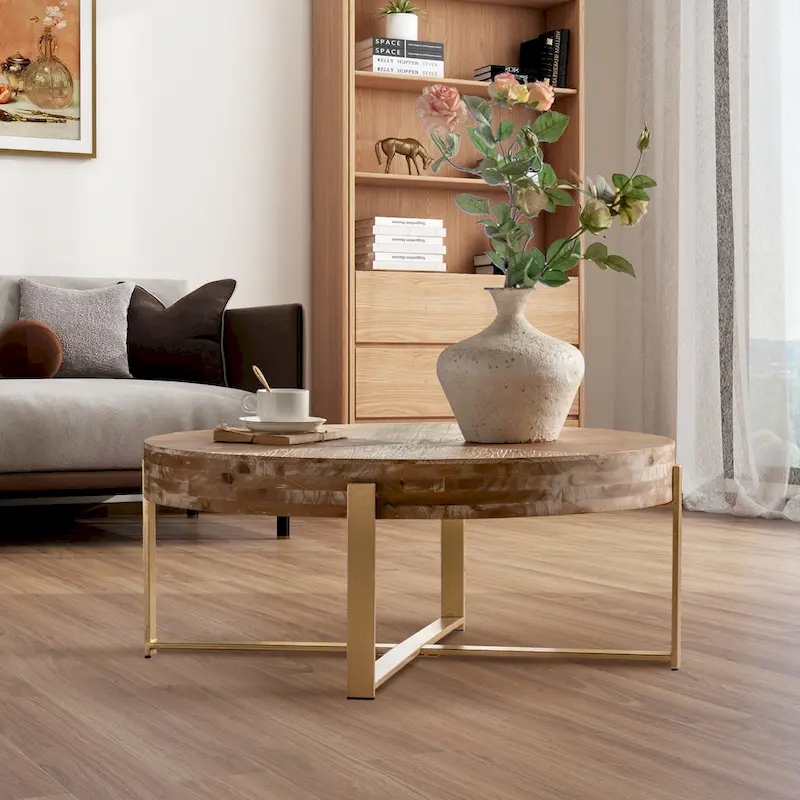 31 W Round Coffee Table With Fir Wood Table Top and Metal Frame End Table