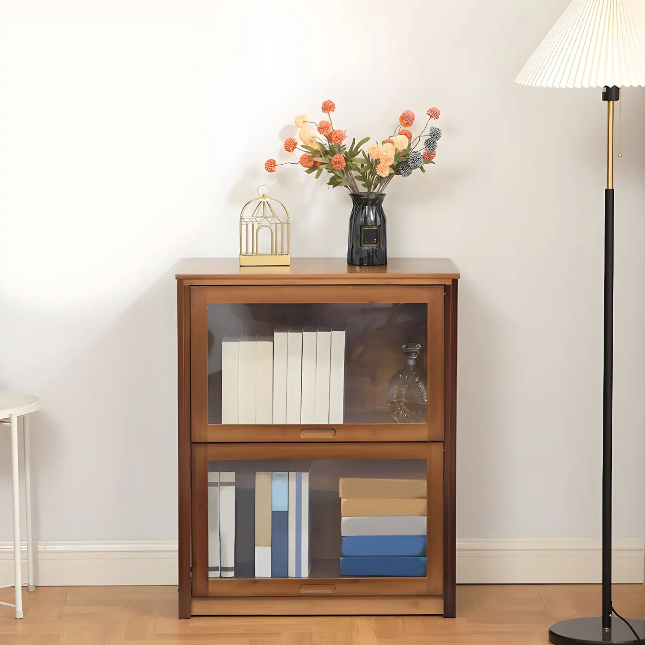 Adjustable Brown Bamboo Display Cabinet with Glass Door