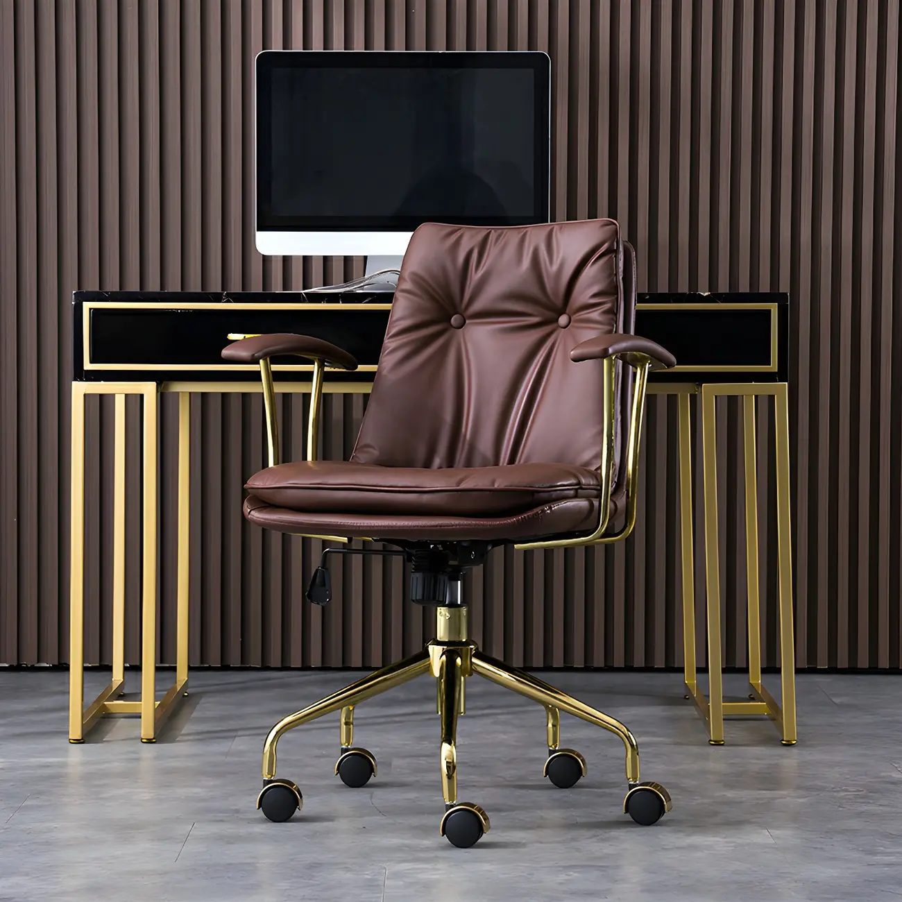 Gold Base Tufted Leather Adjustable Office Chair