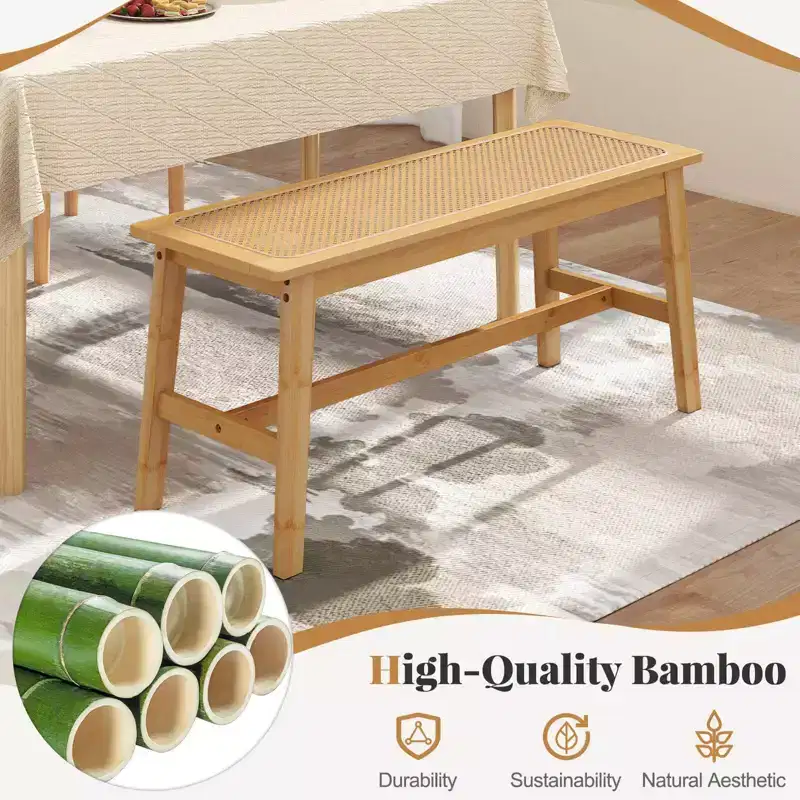 Costway 39.5 Bamboo Dining Bench with Handwoven Rattan Seat, Wooden Entryway Bench