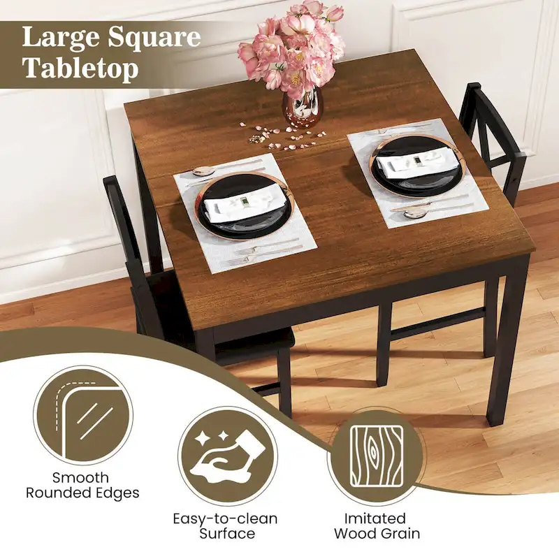 Costway 3 PCS Dining Table Set Wooden Square Kitchen Table with 2