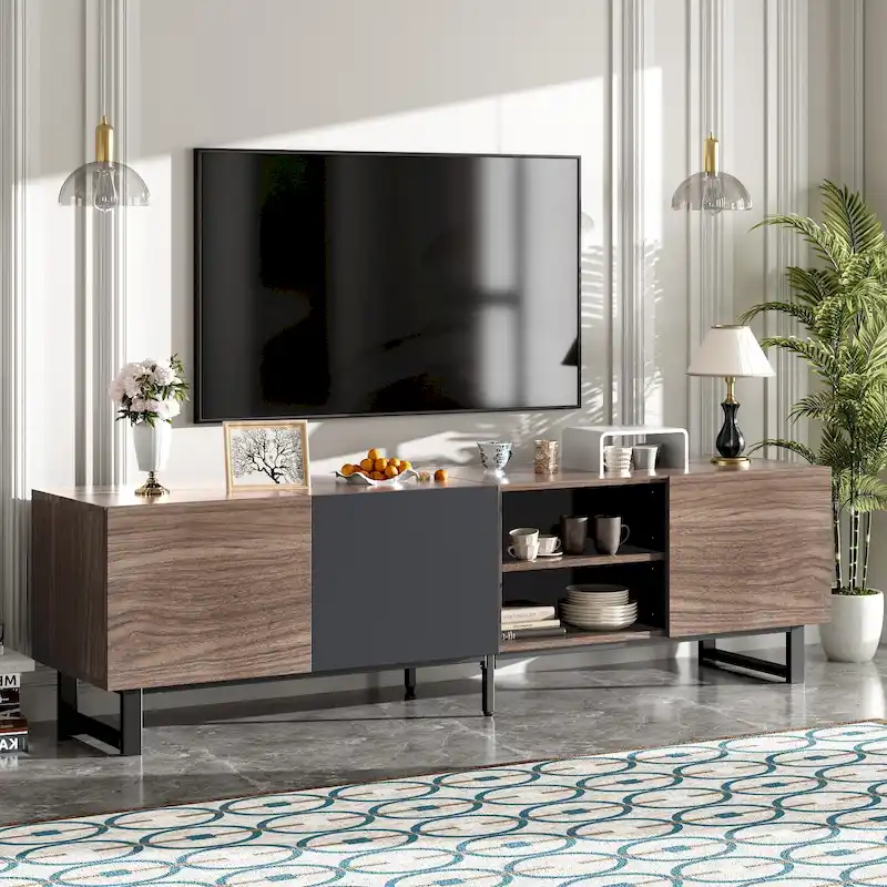 Modern TV with 3 Cabinets& Open Shelves, Media Console Table for TVs up to 80, Entertainment Center with Drop Down Door