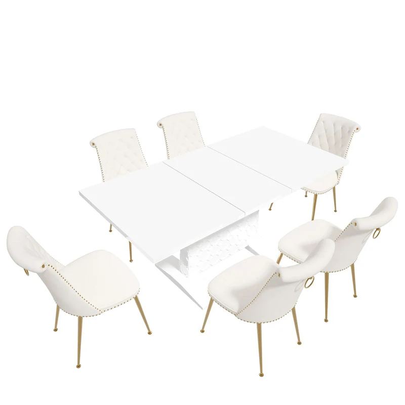 7-Piece Clihome High-gloss Extendable Table Velvet Chair Dining Set