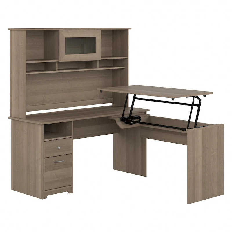 60W 3-position L-shaped Sit to Stand Desk with Hutch by