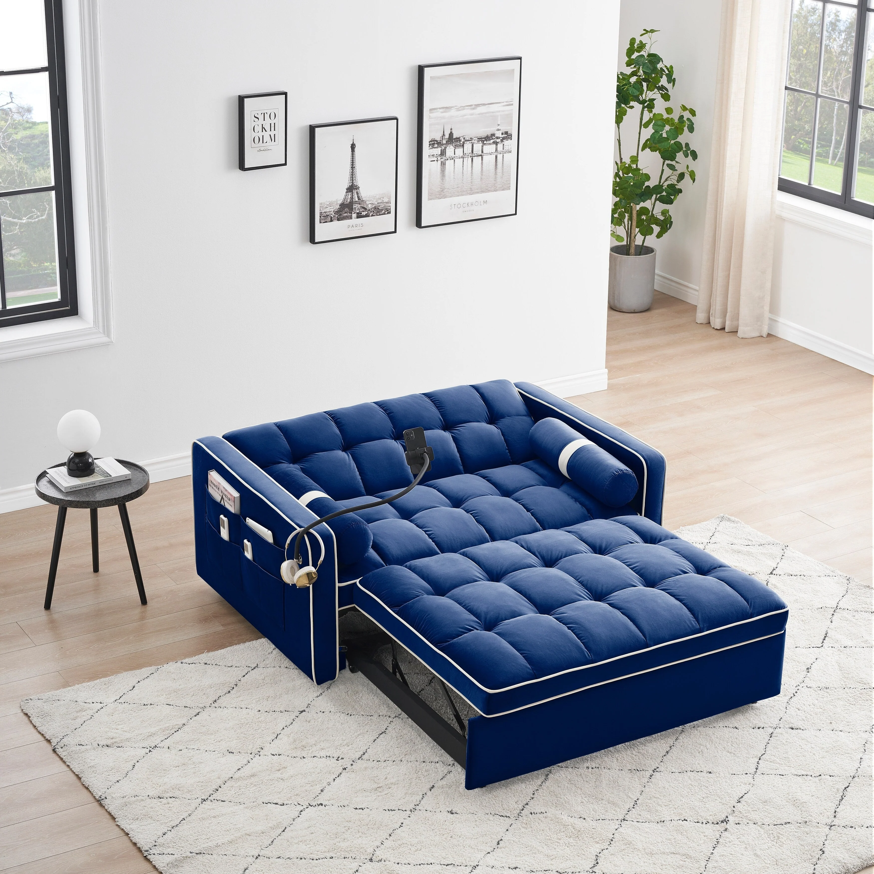 Velvet Convertible 55'' 2-Seater Sleeper Sofa with Pull-Out Bed, Adjustable Recline, Side Pockets, and Phone Holder