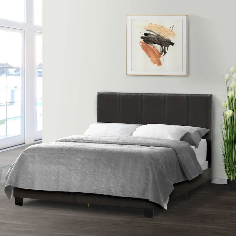 Black Brown Faux Leather Bed with Line Stitch Tufting