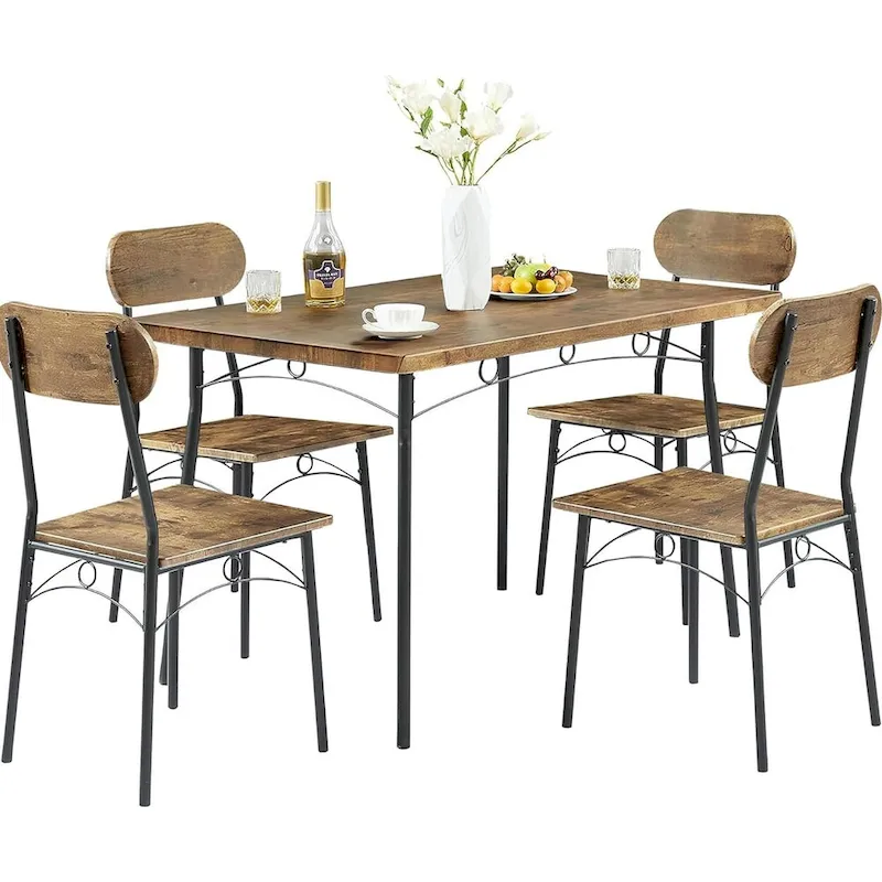 VECELO Dining Table Set, Kitchen Table with 2/4 Chairs, Metal and Wood Rectangular 3/5-Piece Dining Set