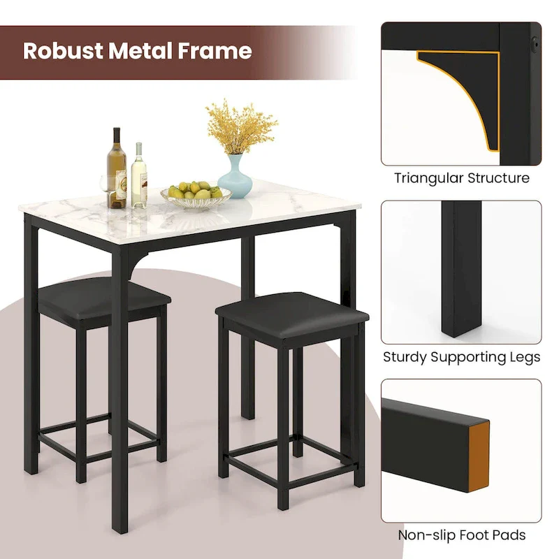 3 Piece Counter Height Dining Set Faux Marble Table 2 Chairs