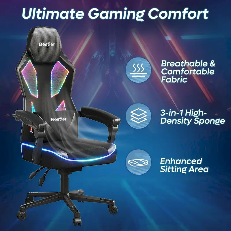 Ergonomic Gaming Chair with RGB LED Lights, Ventilated Fabric Computer Chair with Pocket Spring Cushion and Articulated Armrests