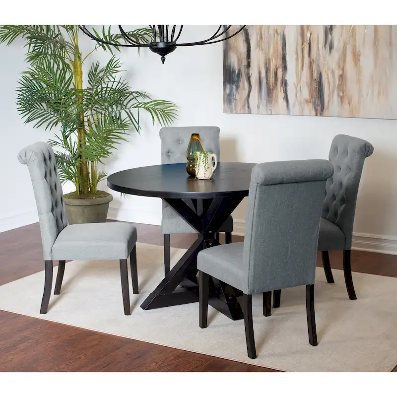 5 Piece Round Dining Table Set, Dining Room Furniture Set with Cross-Buck Dining Table and 4 Upholstered Chairs