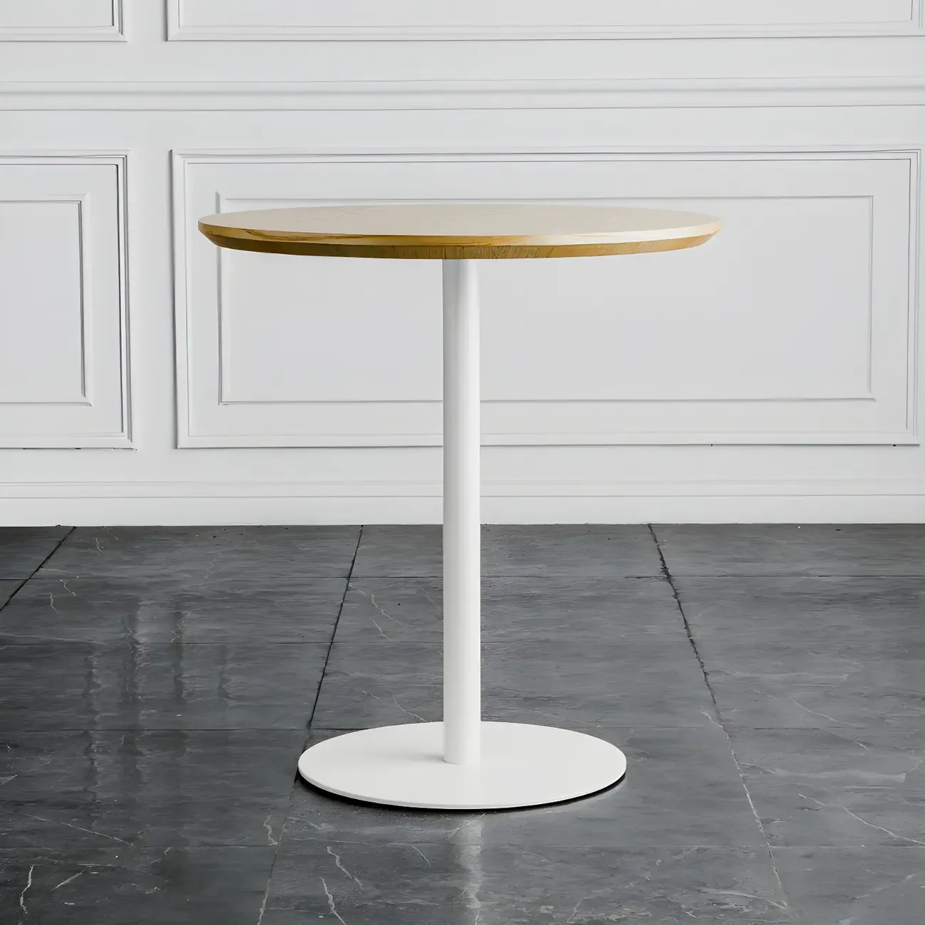 Modern Brown Wood Grain Black Metallic Pedestal Bar Tables